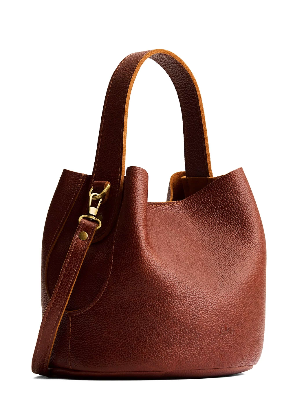 Nutmeg*Small | Symmetrical bucket bag with handle, latch closure, and removable crossbody strap