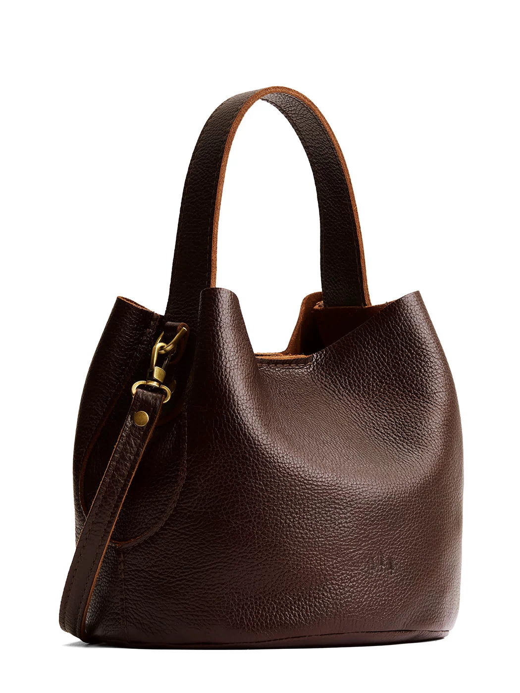 Coldbrew*Small | Symmetrical bucket bag with handle, latch closure, and removable crossbody strap