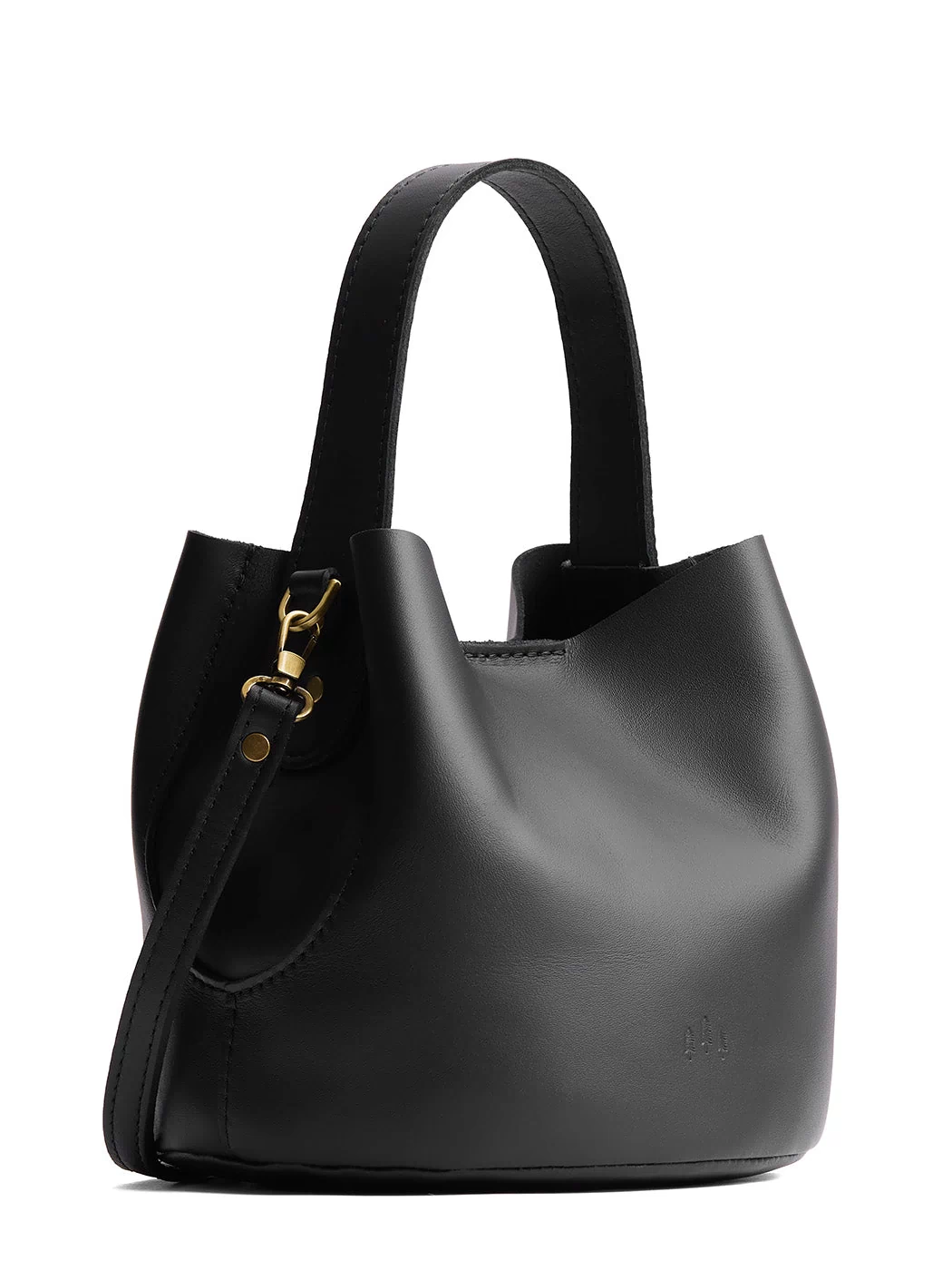 Black*Small | Symmetrical bucket bag with handle, latch closure, and removable crossbody strap