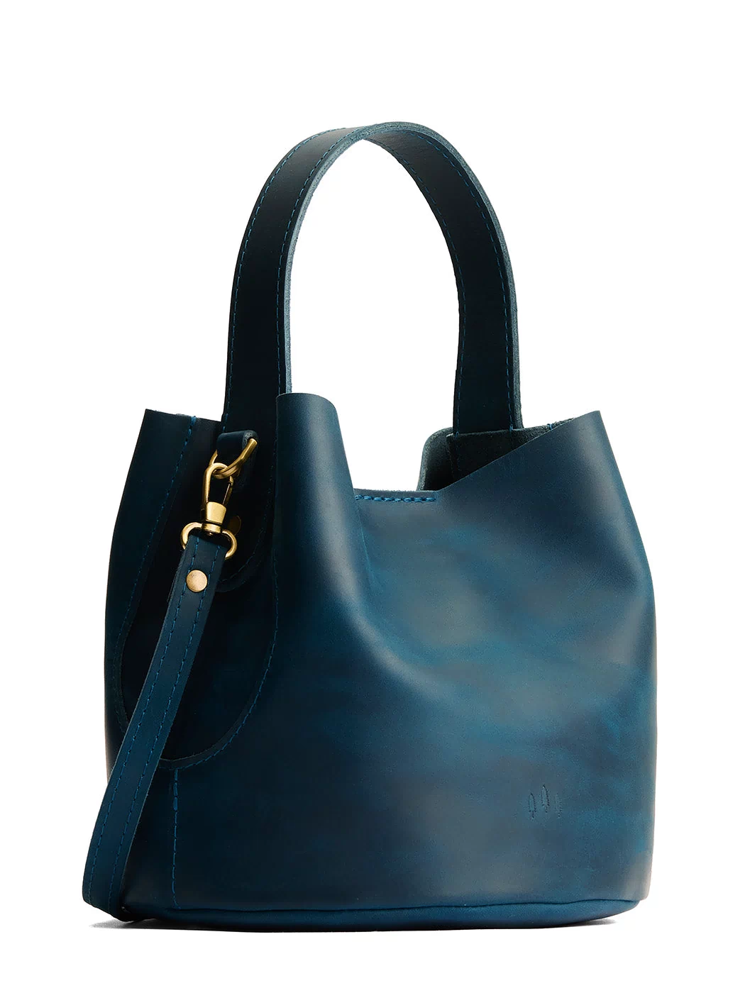 Westward Blue*Small | Symmetrical bucket bag with handle, latch closure, and removable crossbody strap