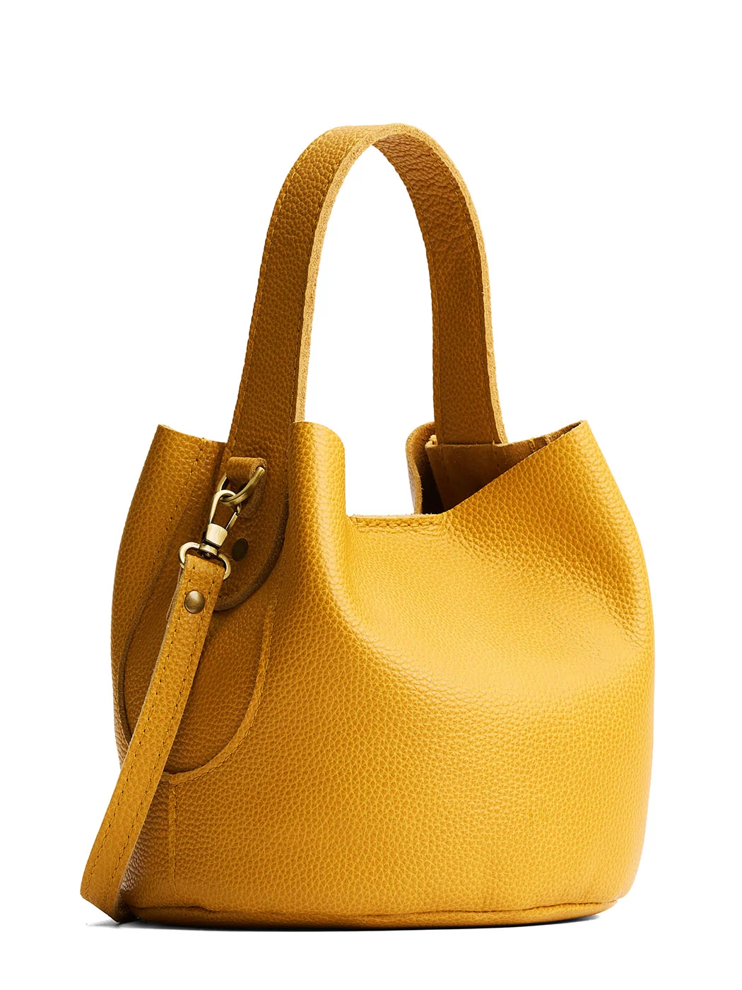 Sunshine*Small | Symmetrical bucket bag with handle, latch closure, and removable crossbody strap