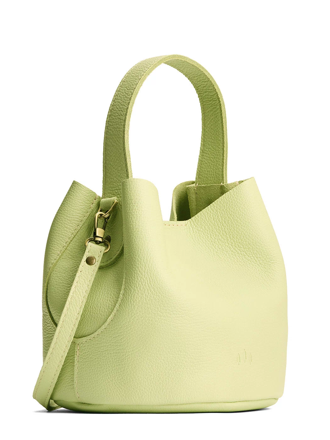 Shadow Lime*Small | Symmetrical bucket bag with handle, latch closure, and removable crossbody strap