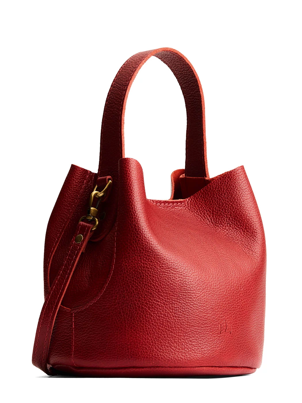 Chili Red*Small | Symmetrical bucket bag with handle, latch closure, and removable crossbody strap
