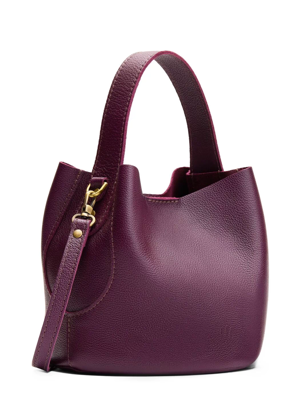 Plum*Small | Symmetrical bucket bag with handle, latch closure, and removable crossbody strap