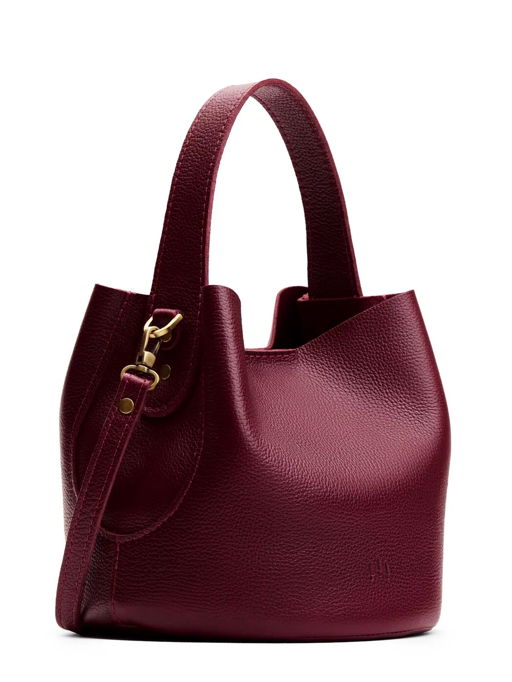 Cabernet*Small | Symmetrical bucket bag with handle, latch closure, and removable crossbody strap