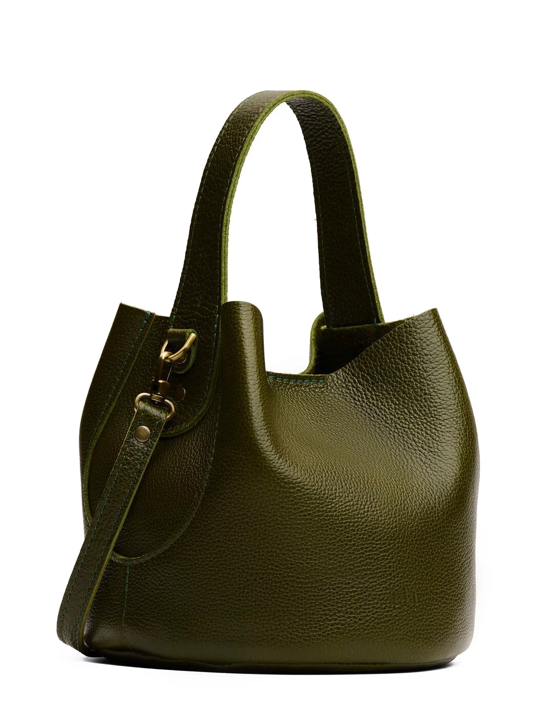 Pebbled Olive*Small | Symmetrical bucket bag with handle, latch closure, and removable crossbody strap