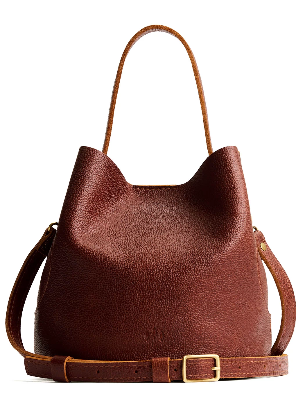 Nutmeg*Large | Symmetrical bucket bag with handle, latch closure, and removable crossbody strap