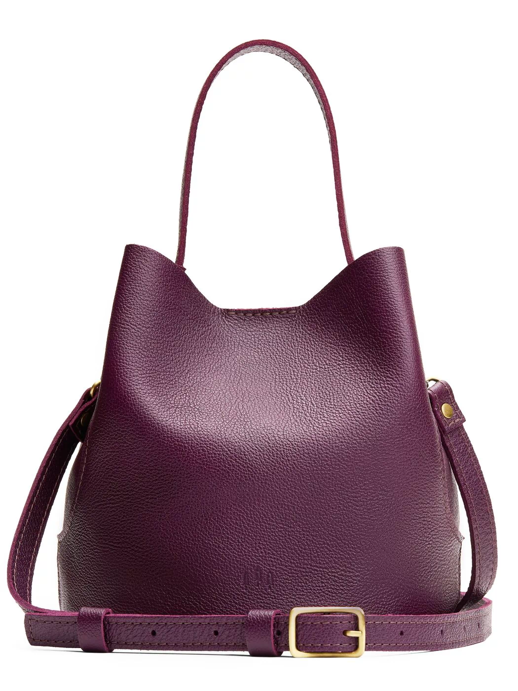 Plum*Large | Symmetrical bucket bag with handle, latch closure, and removable crossbody strap