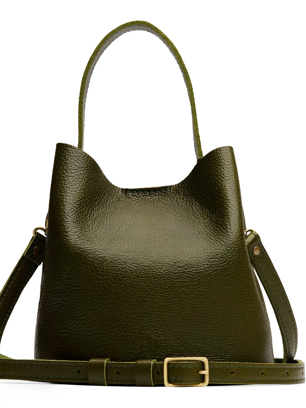 Pebbled Olive*Large | Symmetrical bucket bag with handle, latch closure, and removable crossbody strap