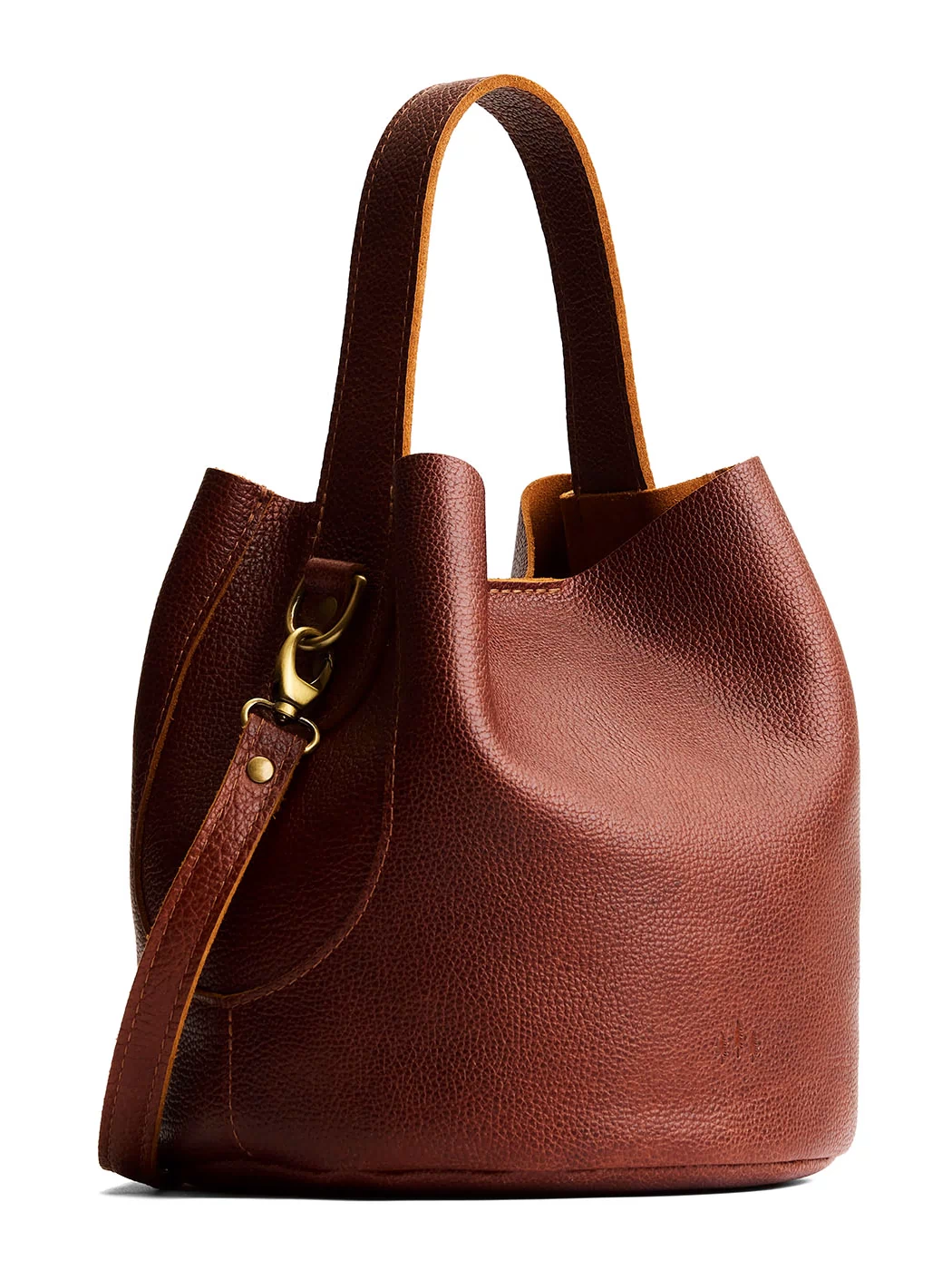 Nutmeg*Large | Symmetrical bucket bag with handle, latch closure, and removable crossbody strap