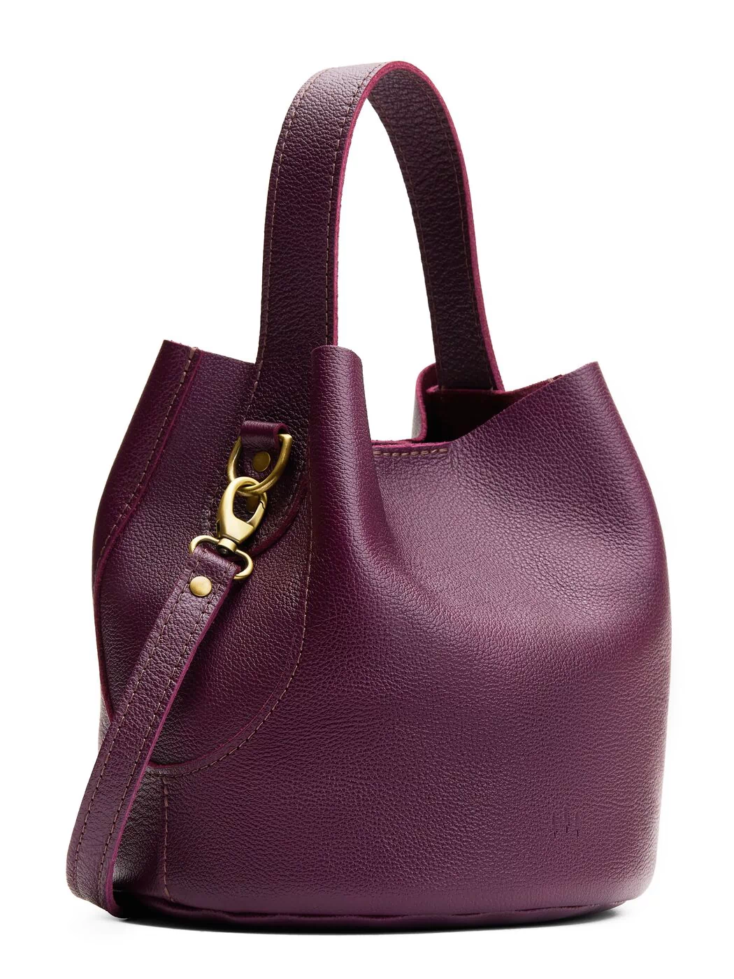 Plum*Large | Symmetrical bucket bag with handle, latch closure, and removable crossbody strap