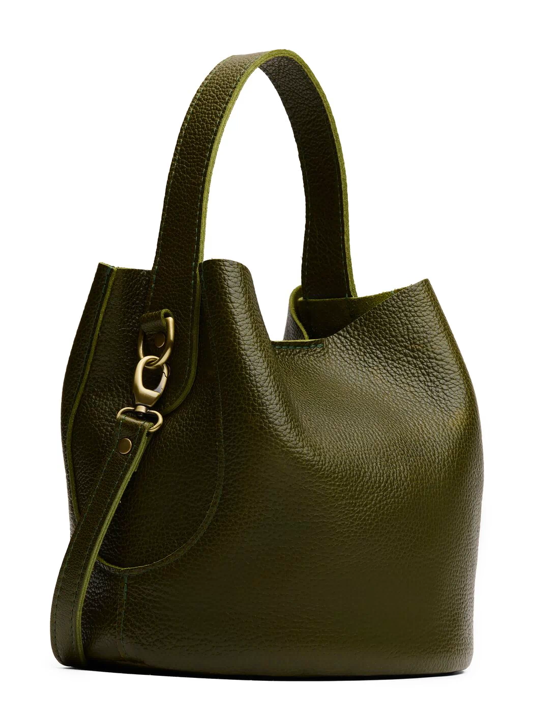 Pebbled Olive*Large | Symmetrical bucket bag with handle, latch closure, and removable crossbody strap