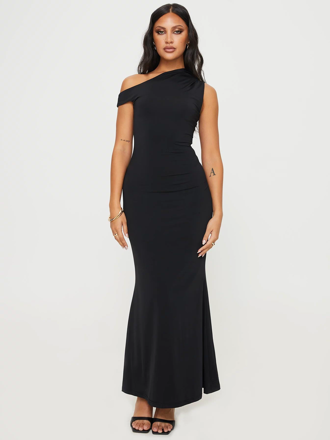 front view of model wearing Princess Polly Beller Maxi Dress Black Asymmetric Neckline 