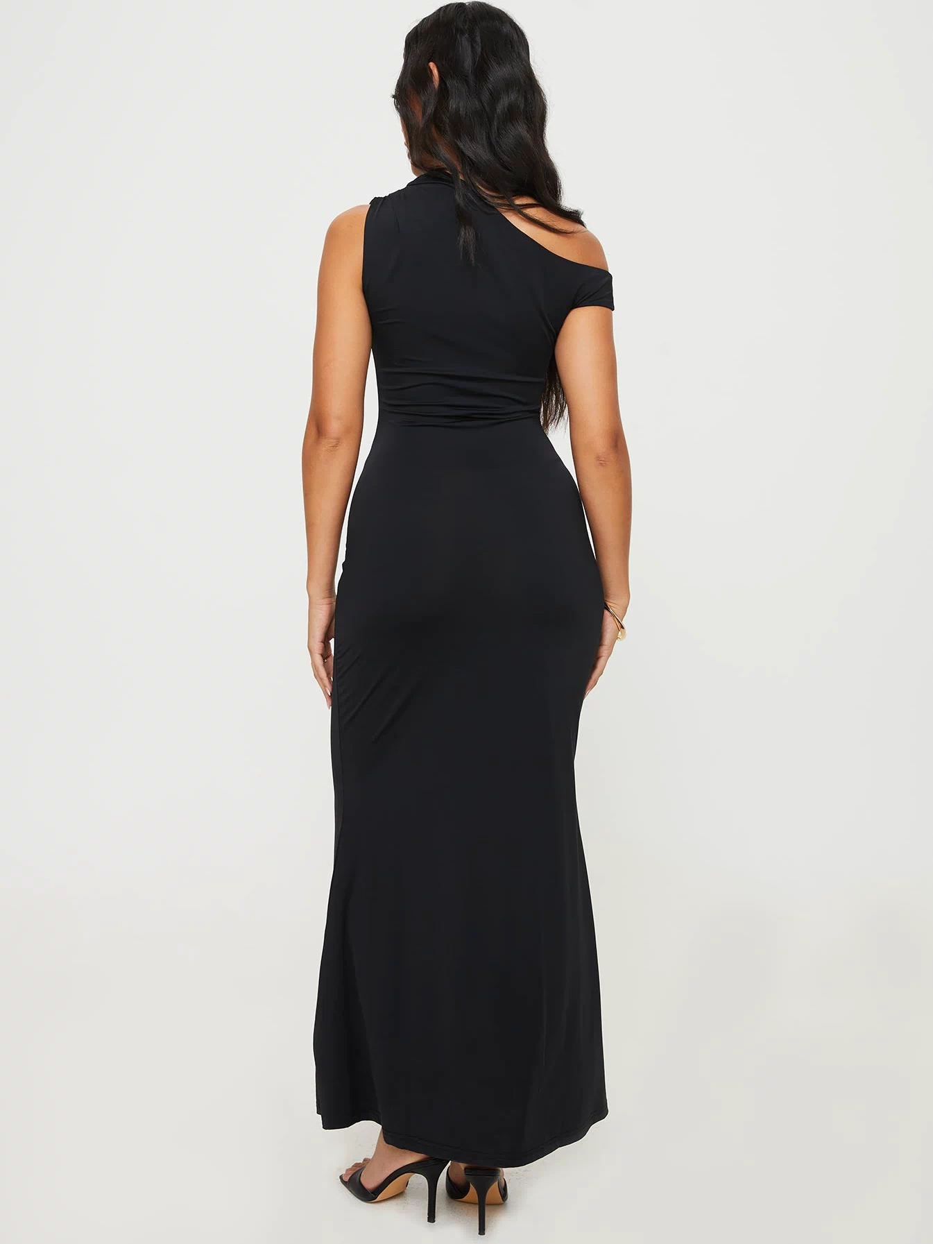 back view of model wearing Princess Polly Beller Maxi Dress Black Asymmetric Neckline 
