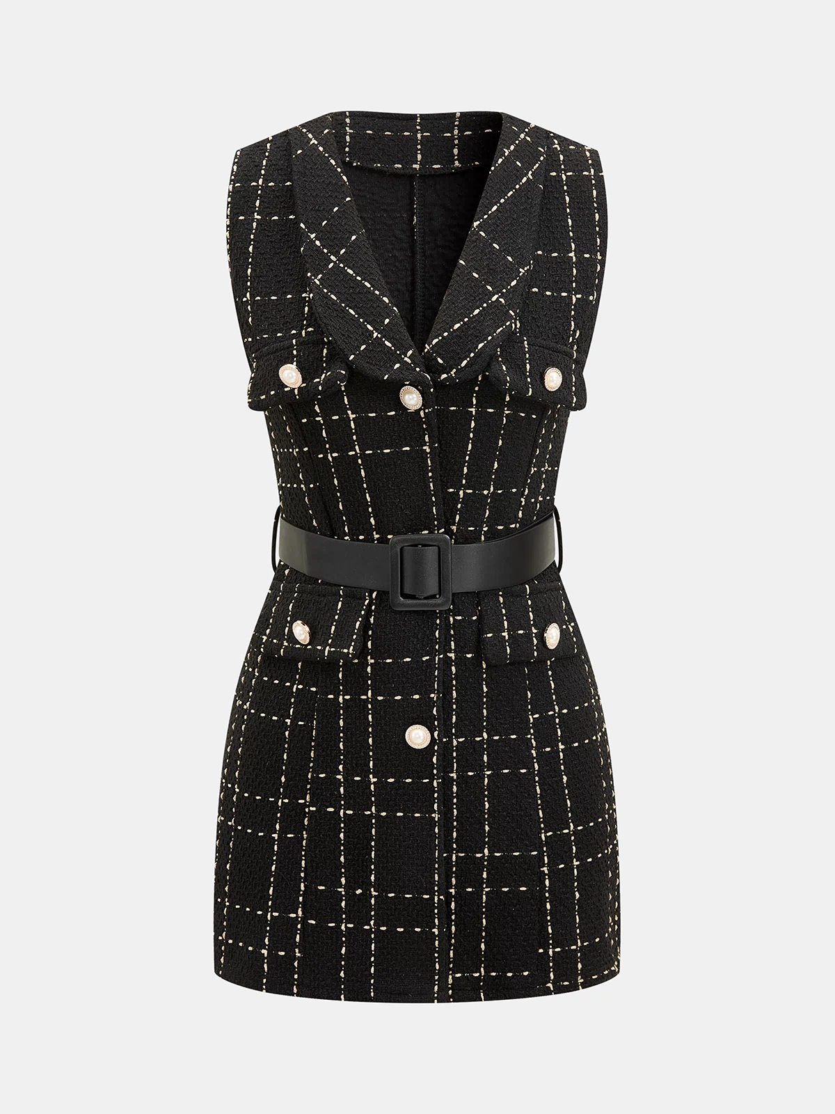 Belted Plaid Tweed Sleeveless Mini Dress