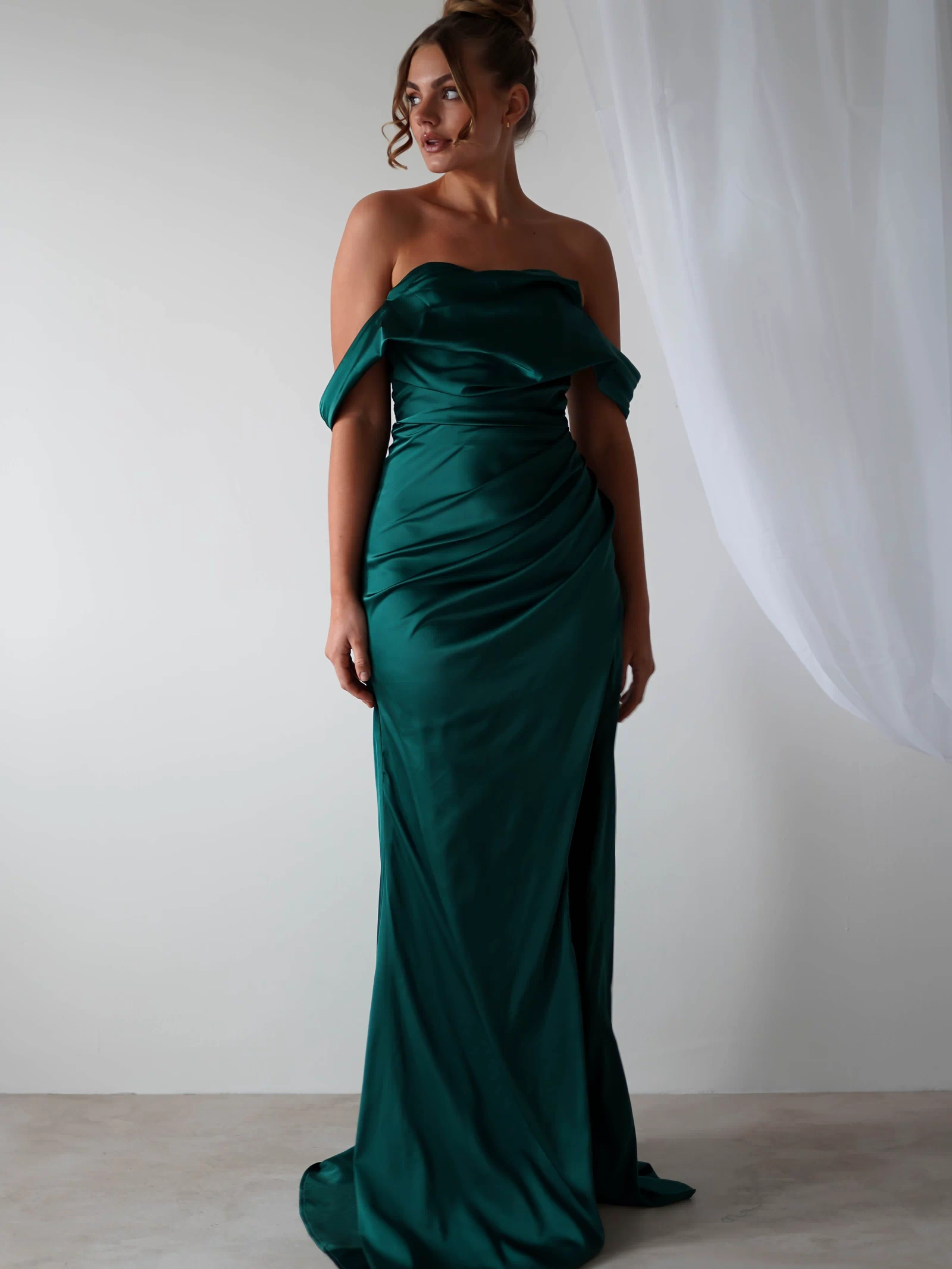 Beth Draped Silky Satin Gown | Green