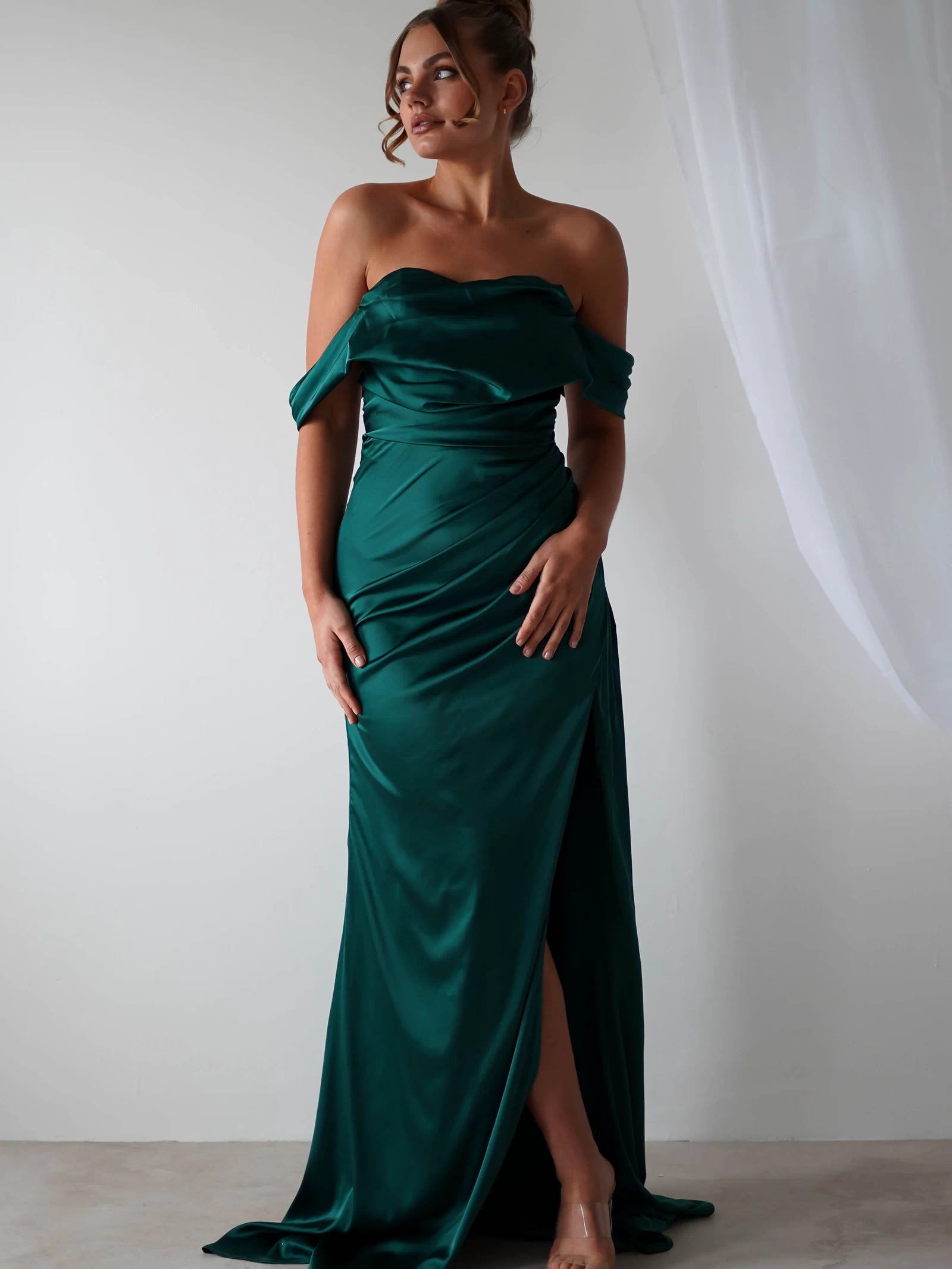 Beth Draped Silky Satin Gown | Green-Oh Hello Clothing
