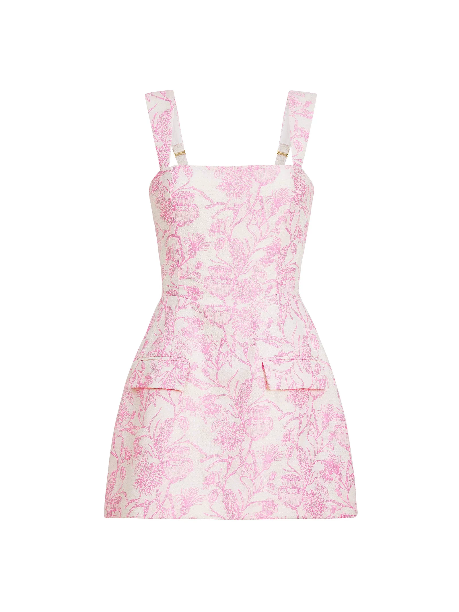 Amanda Uprichard straight-neck A-line Bethany Romper in Shocking Pink Toile Brocade, shown on an invisible mannequin