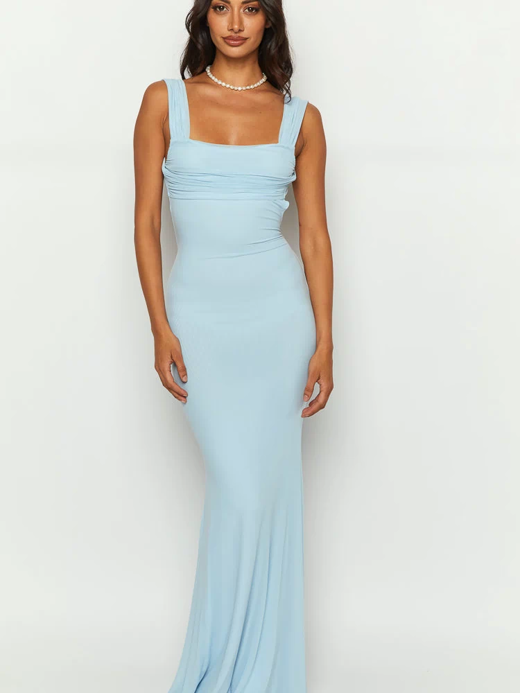Baby blue ribbed mesh maxi dress with a square neckline, wide ruched straps, and a fitted bodycon silhouette