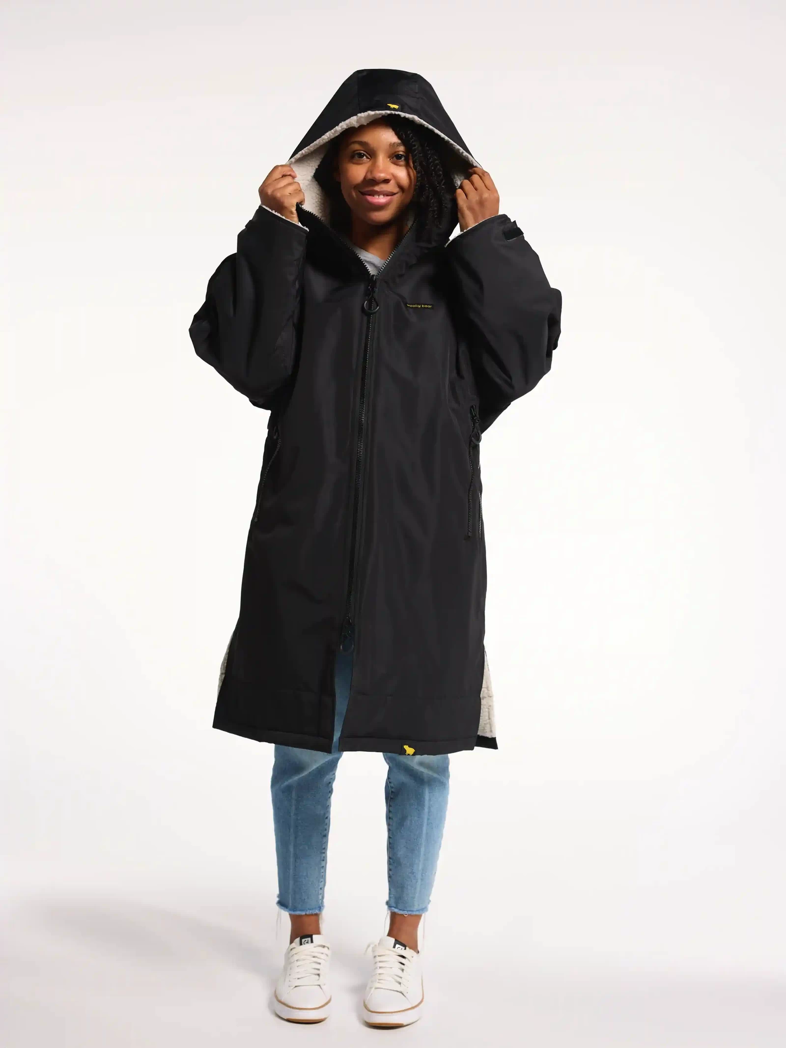 Woolly Bear Women's Black Oversized Winter Coat - Side View - Waterproof Windproof Outerwear
