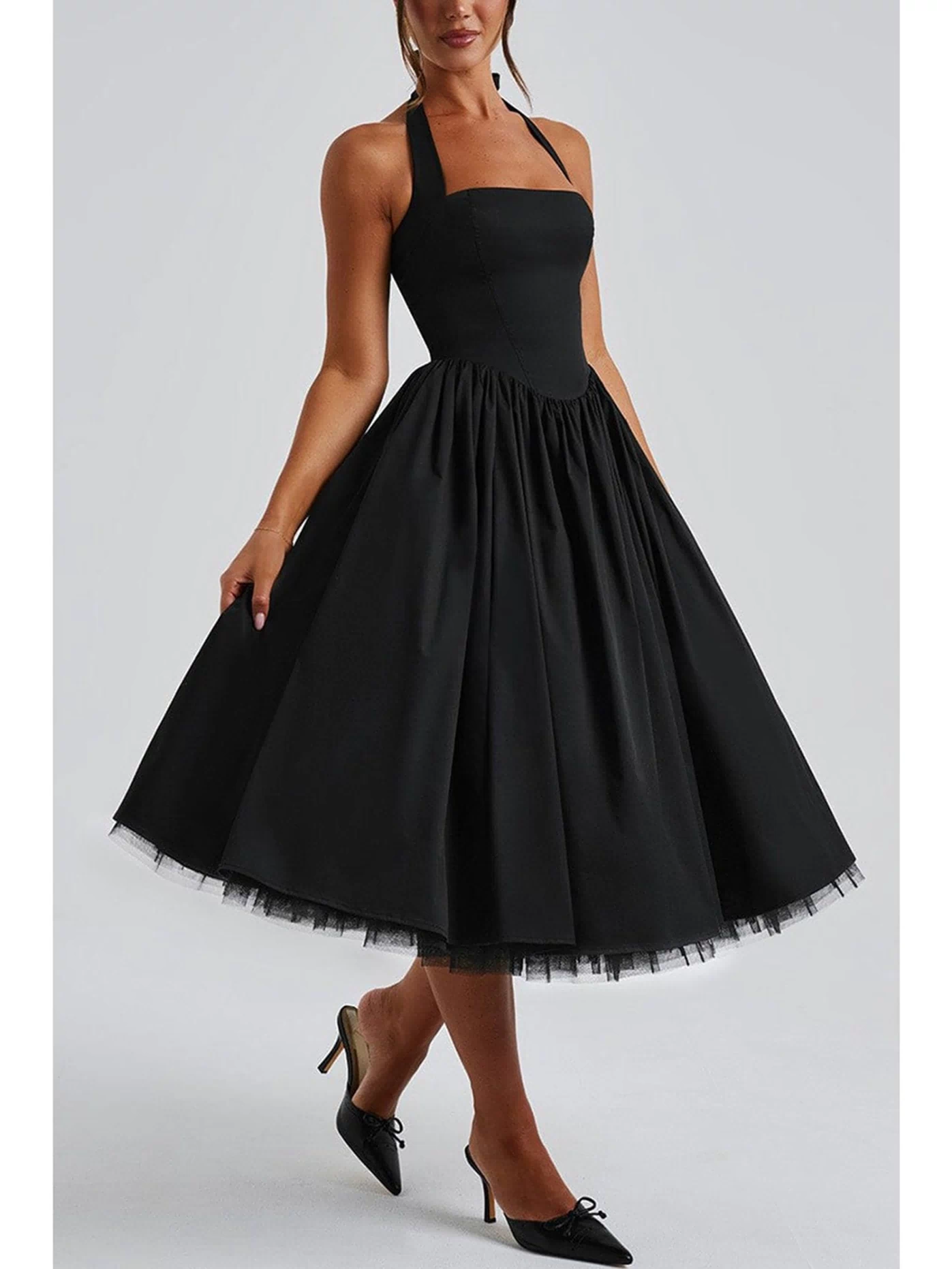 Black Halter Flare Midi Dress