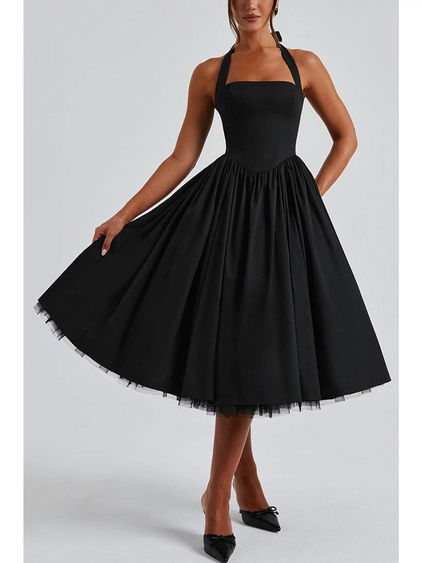 Black Halter Flare Midi Dress - Unique Vintage - Womens, DRESSES, MIDI