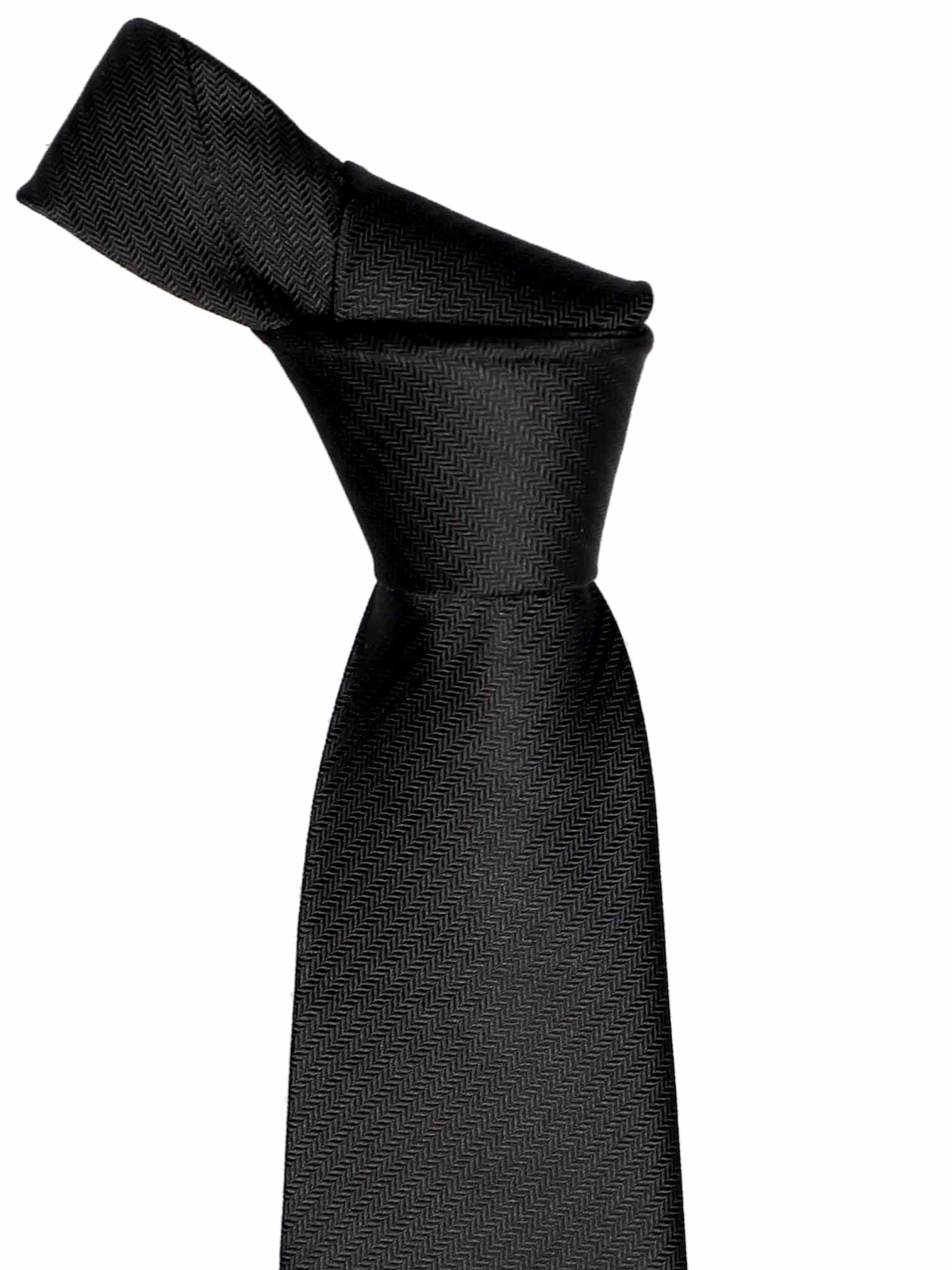Knot on a black herringbone silk tie
