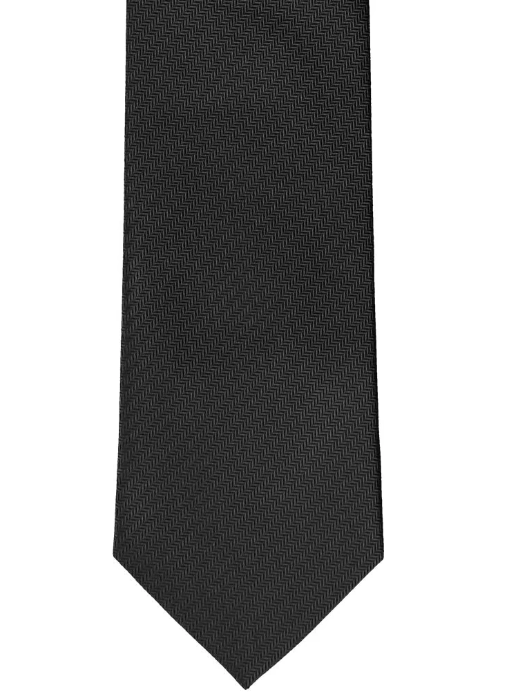 The front bottom of a black silk herringbone tie in a tone-on-tone style