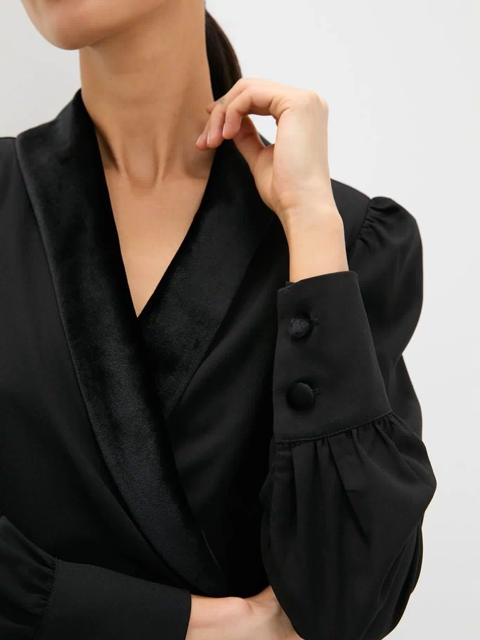 Black Long Sleeve Mariella Midi Dress featuring classic satin lapels and effortless blouson sleeves with button cuffs, embodying a fun, high-end style with chic, blazer-inspired details.