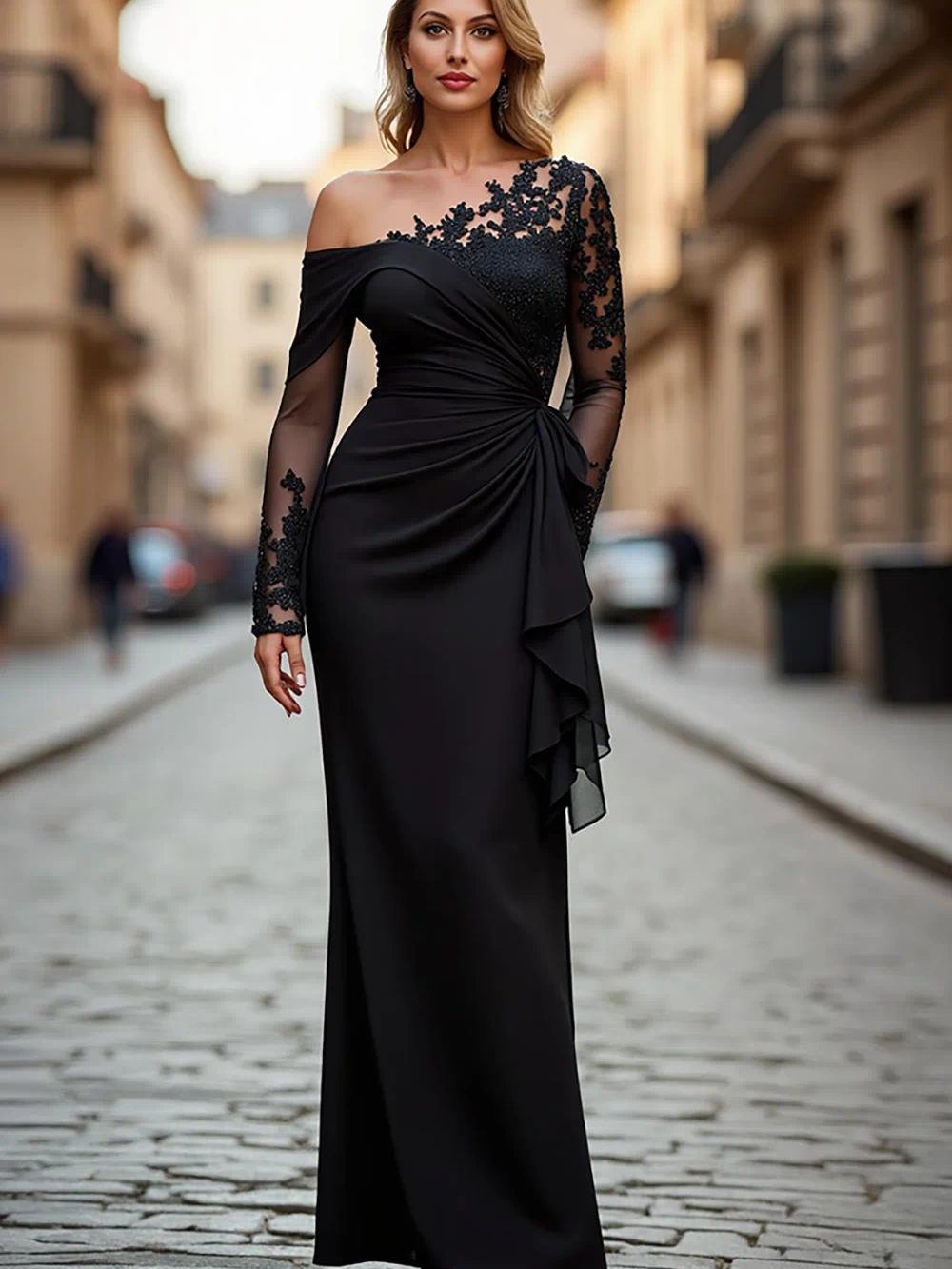 Black Ruched One Shoulder Long Sleeves Mother of the Bride Dress with Appliques