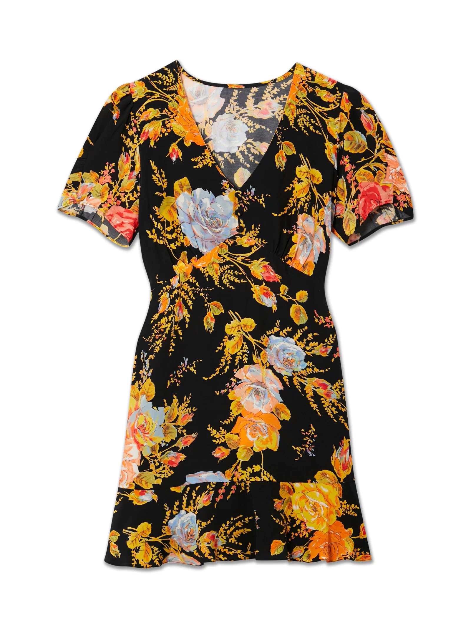 Black Sofia Mini Tea Dress featuring a bold yellow and orange floral print, V-neckline and frilled hem.