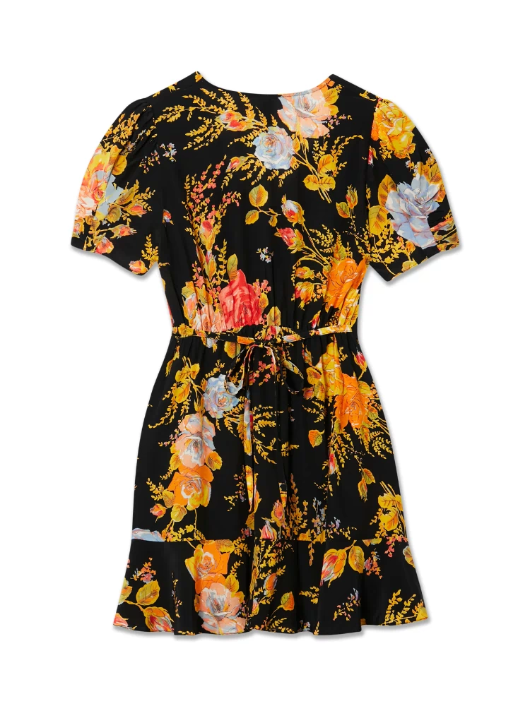 Black Sofia Mini Tea Dress featuring an intricate floral print, a tie waist belt and frilled hem detailing.