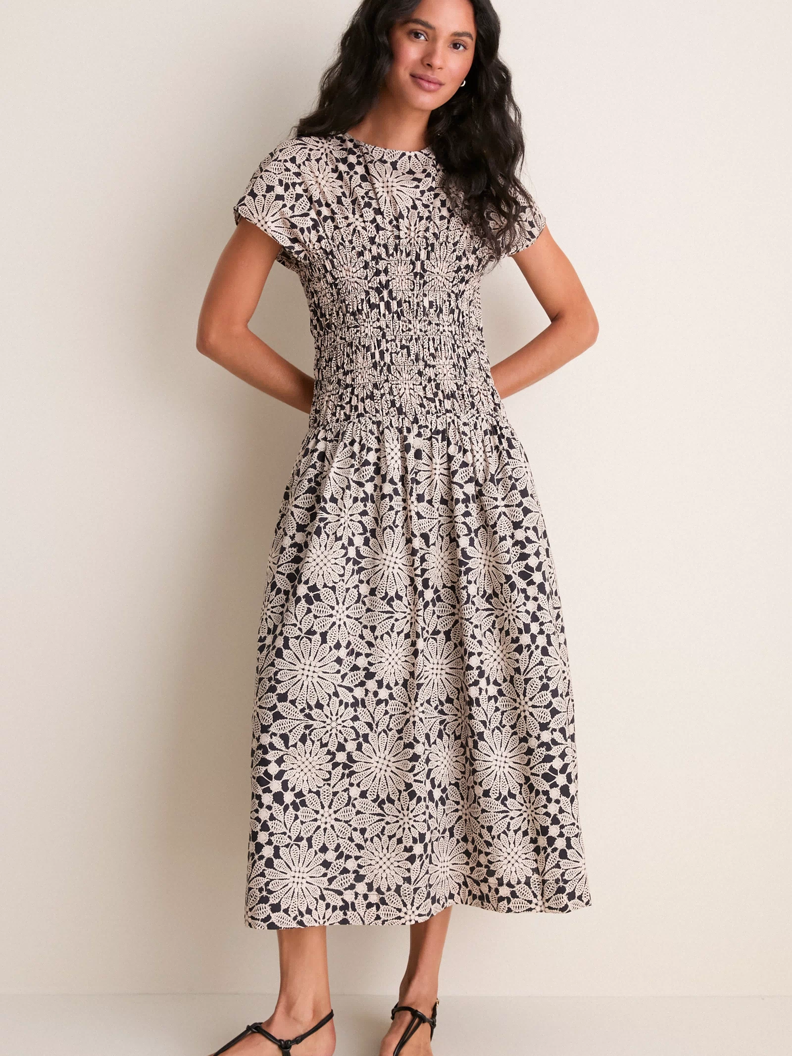 Black & Tan Printed Floral Smocked Rollins Midi Dress