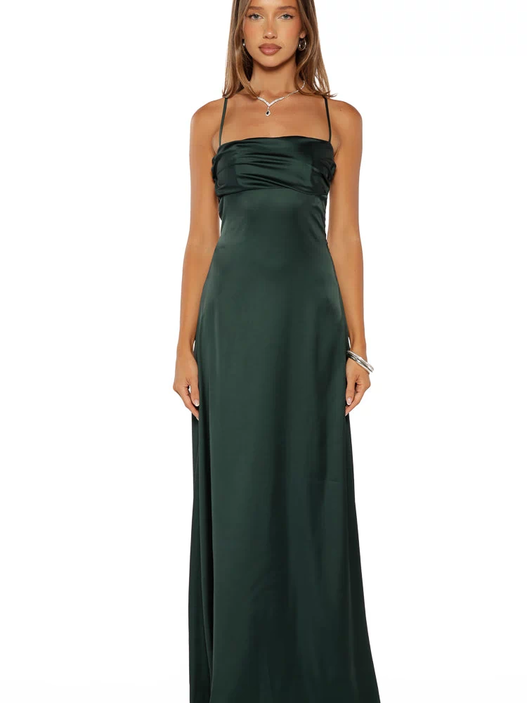 Emerald satin maxi dress featuring a fitted bodice, draped bust, and a flowing A-line skirt