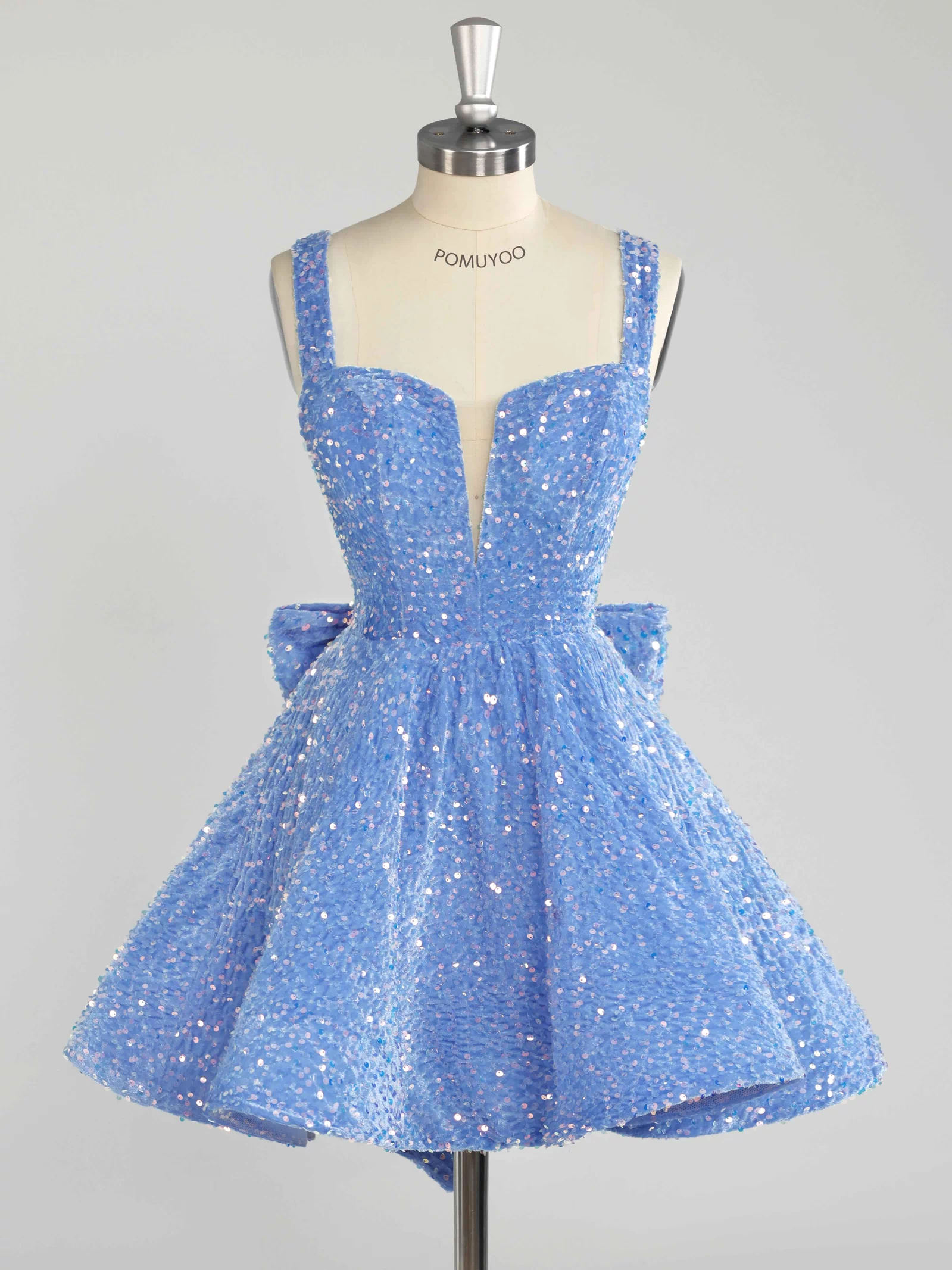 Blue A-Line Sparkly Sequin Short Homecoming Dresses With Bow