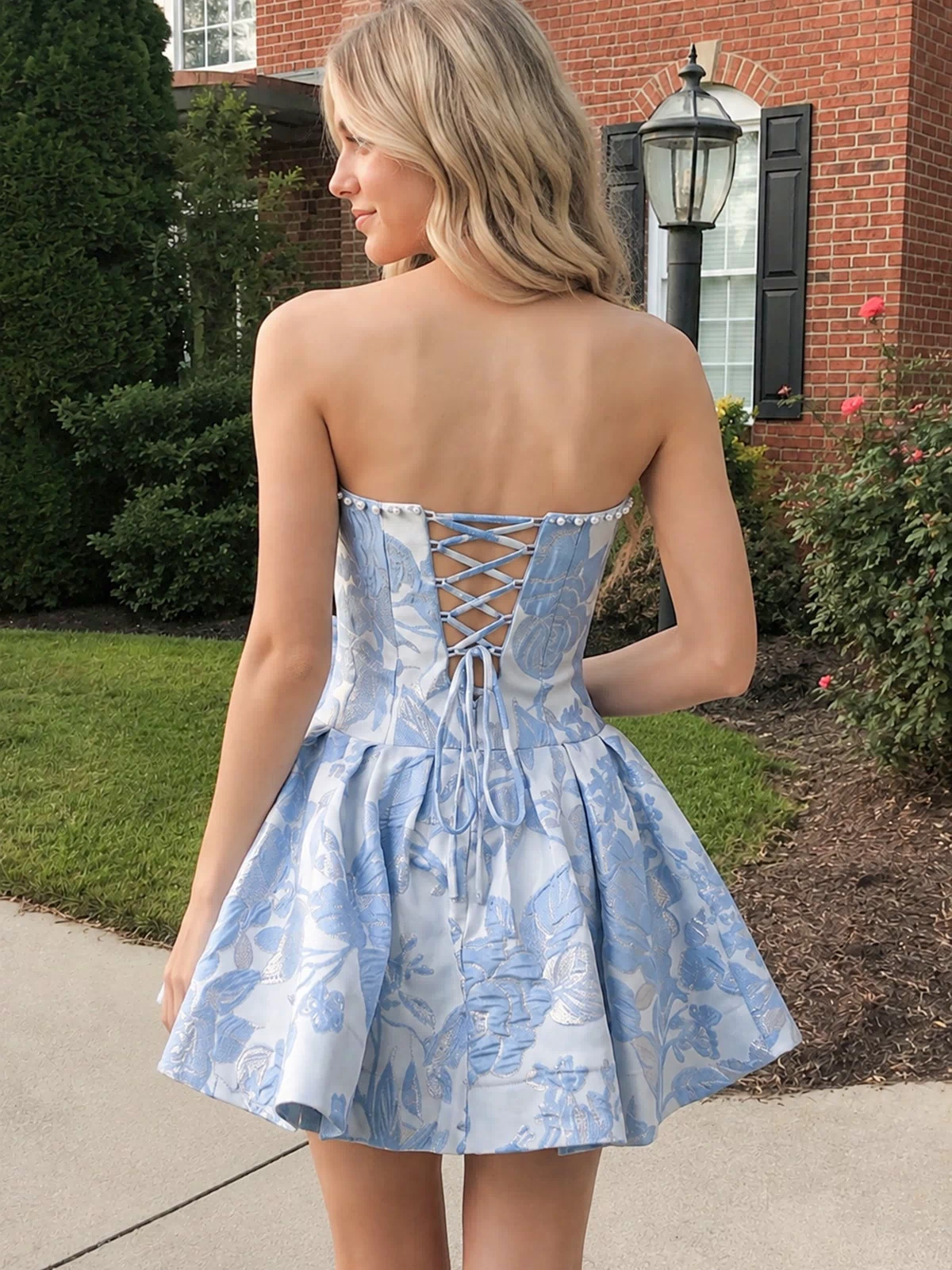 Blue Flower Jacquard Strapless A-Line Bowknot Homecoming Dress With Pearl (2) | KISSPROM
