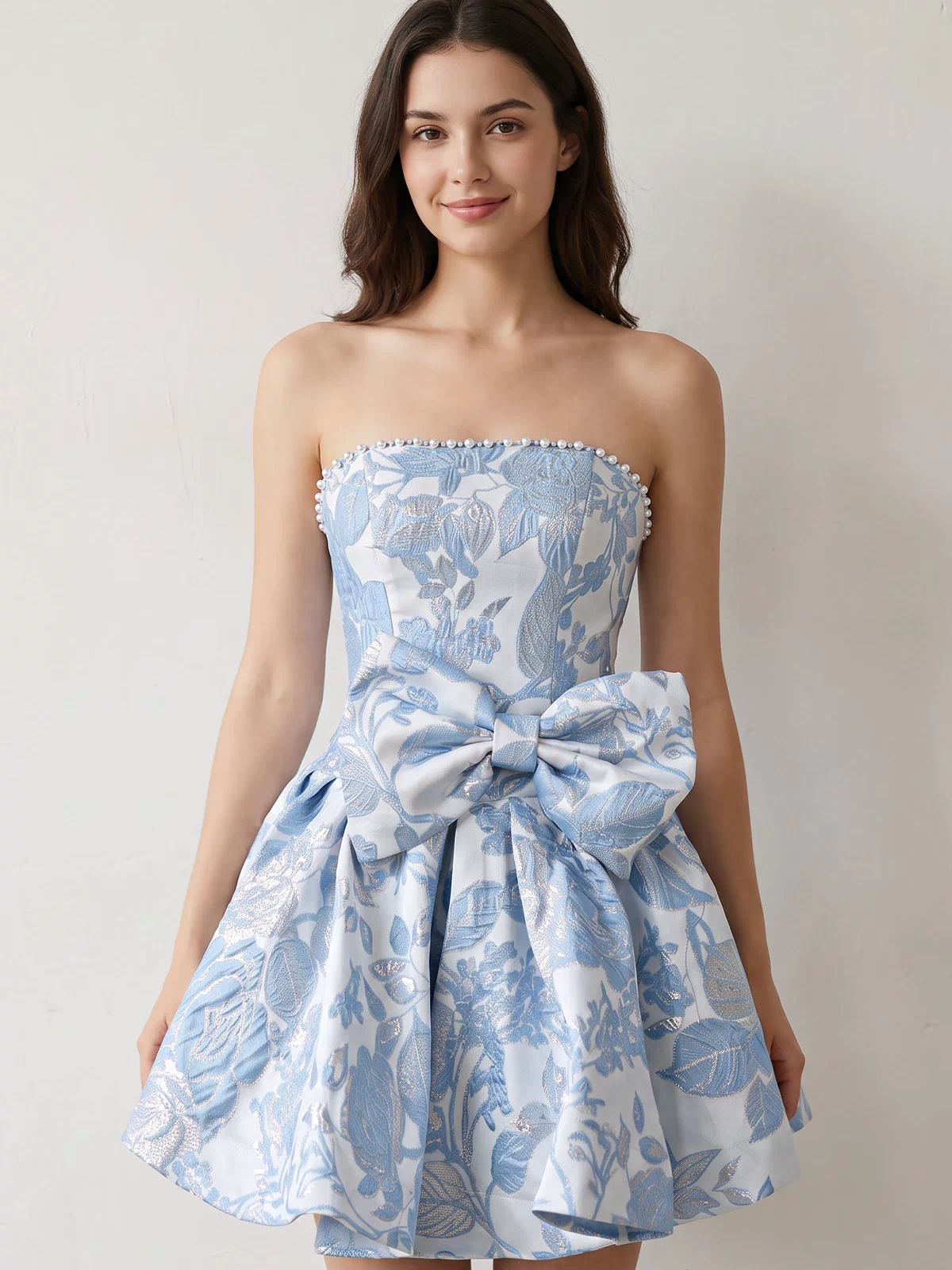 Blue Flower Jacquard Strapless A-Line Bowknot Homecoming Dress With Pearl (3) | KISSPROM