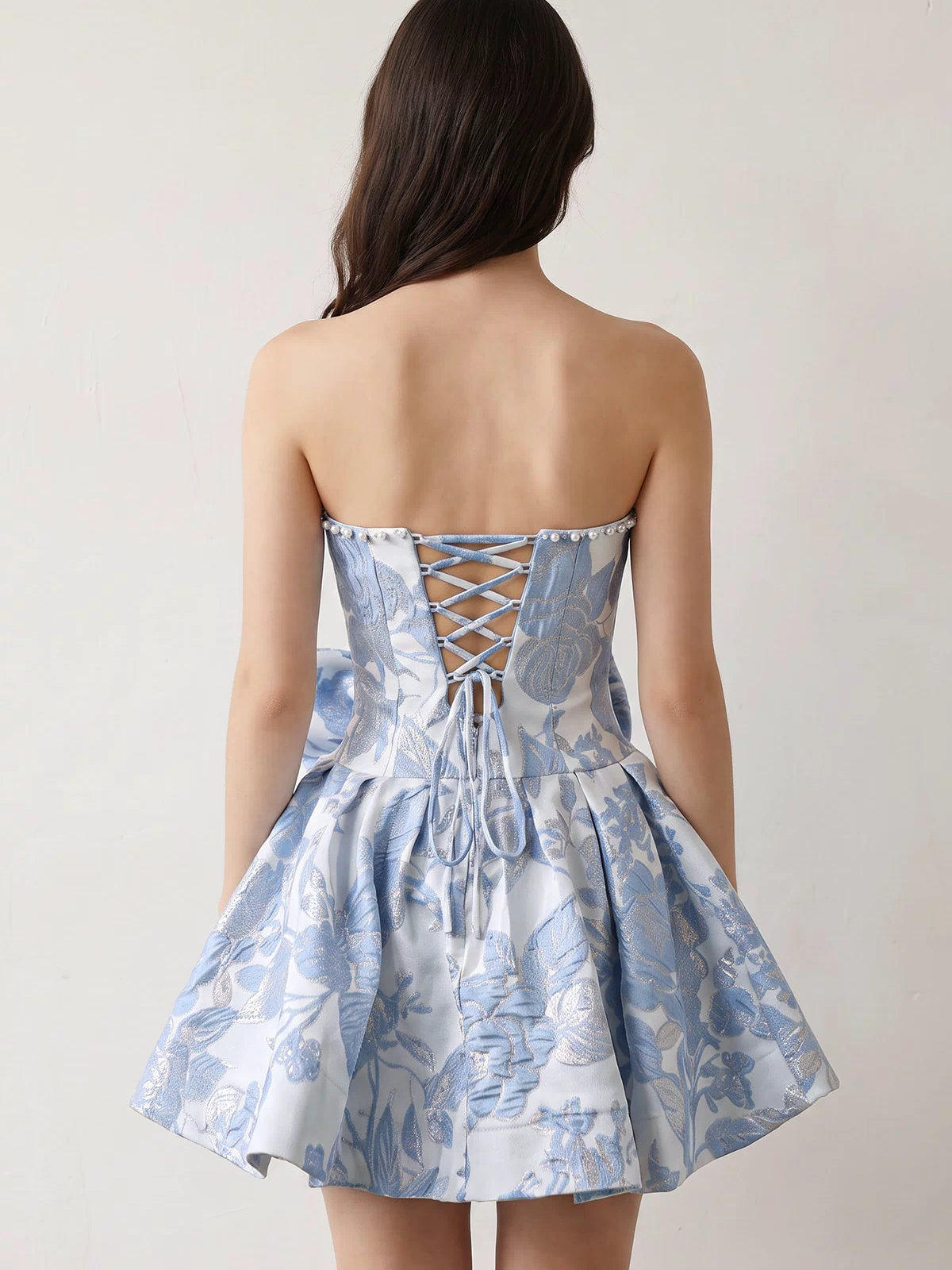 Blue Flower Jacquard Strapless A-Line Bowknot Homecoming Dress With Pearl (4) | KISSPROM