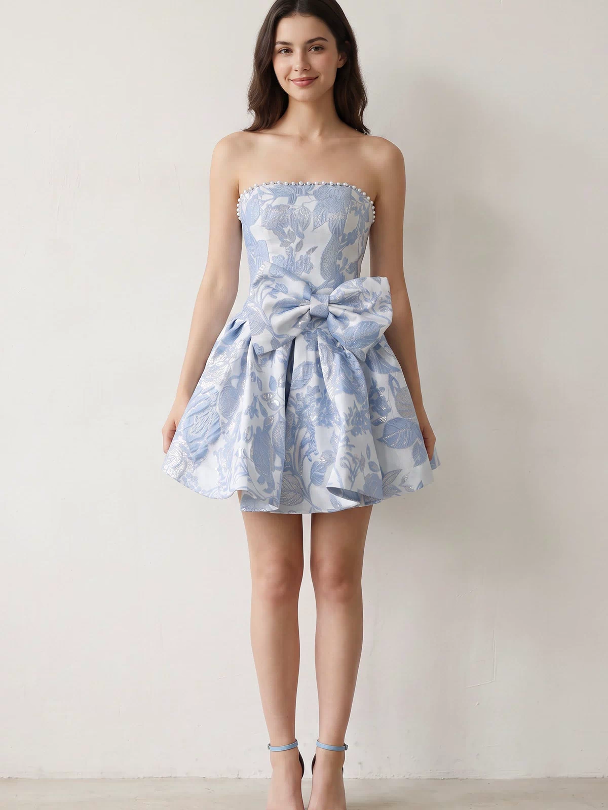Blue Flower Jacquard Strapless A-Line Bowknot Homecoming Dress With Pearl (5) | KISSPROM