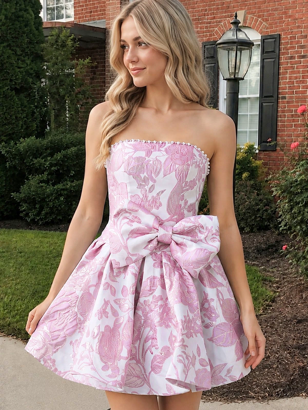 Pink Flower Jacquard Strapless A-Line Bowknot Homecoming Dress With Pearl | KISSPROM