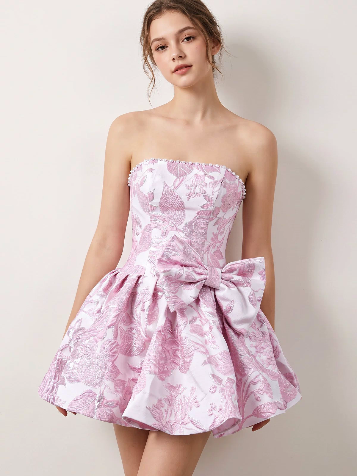 Pink Flower Jacquard Strapless A-Line Bowknot Homecoming Dress With Pearl | KISSPROM