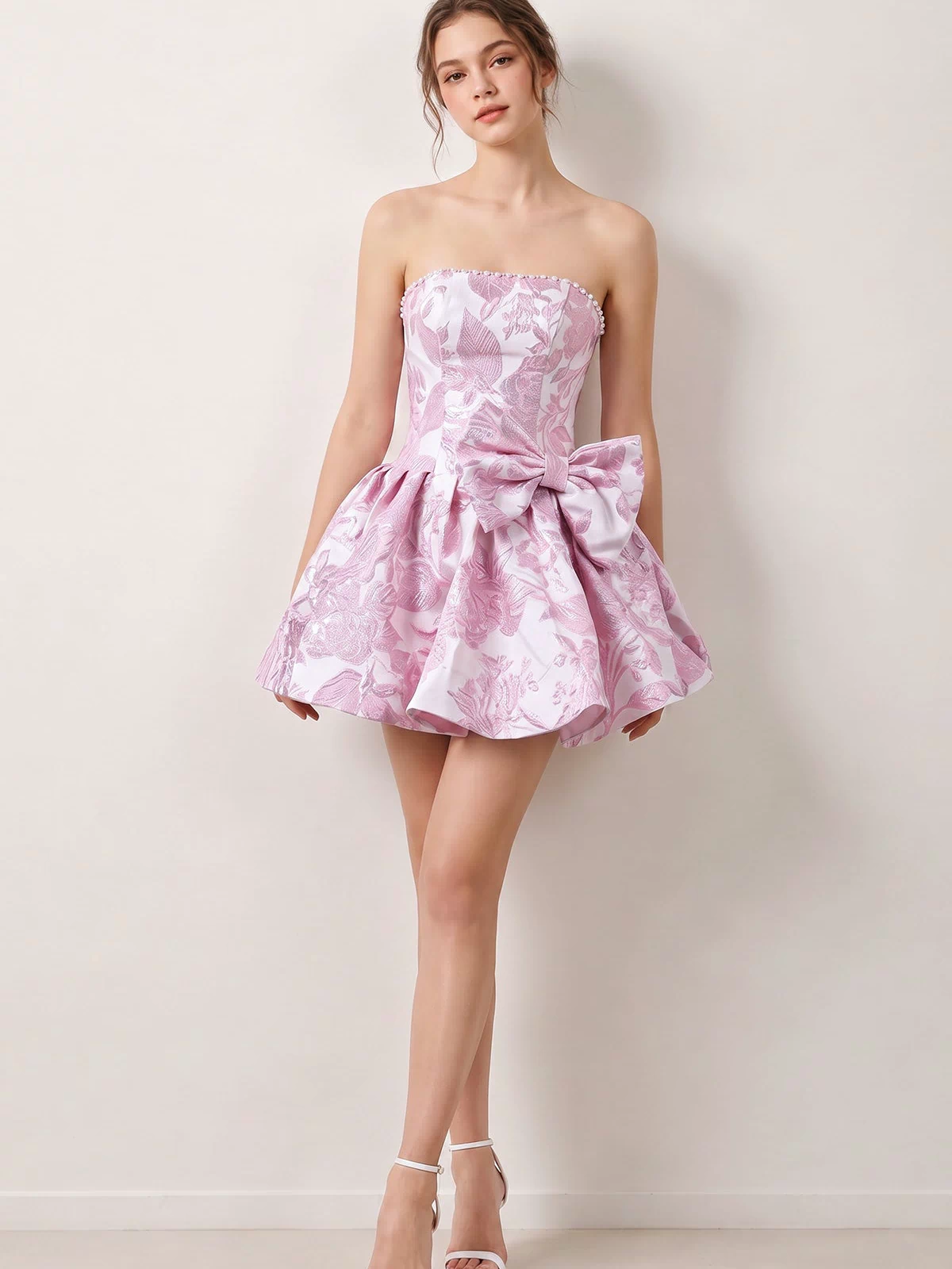 Pink Flower Jacquard Strapless A-Line Bowknot Homecoming Dress With Pearl (3) | KISSPROM