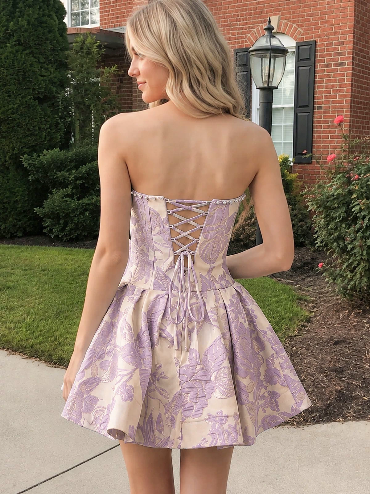 Lilac Flower Jacquard Strapless A-Line Bowknot Homecoming Dress With Pearl (2) | KISSPROM