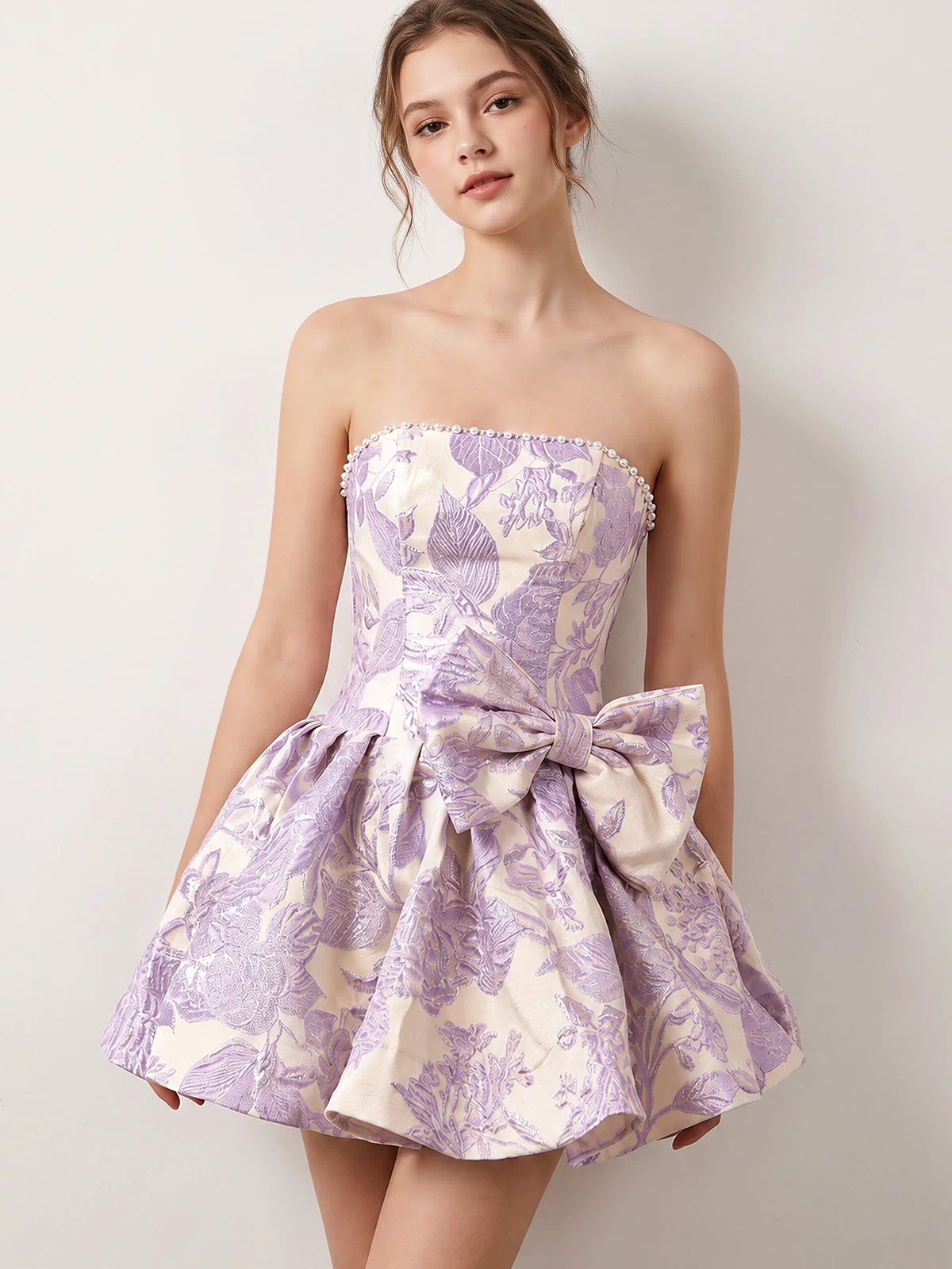 Lilac Flower Jacquard Strapless A-Line Bowknot Homecoming Dress With Pearl | KISSPROM
