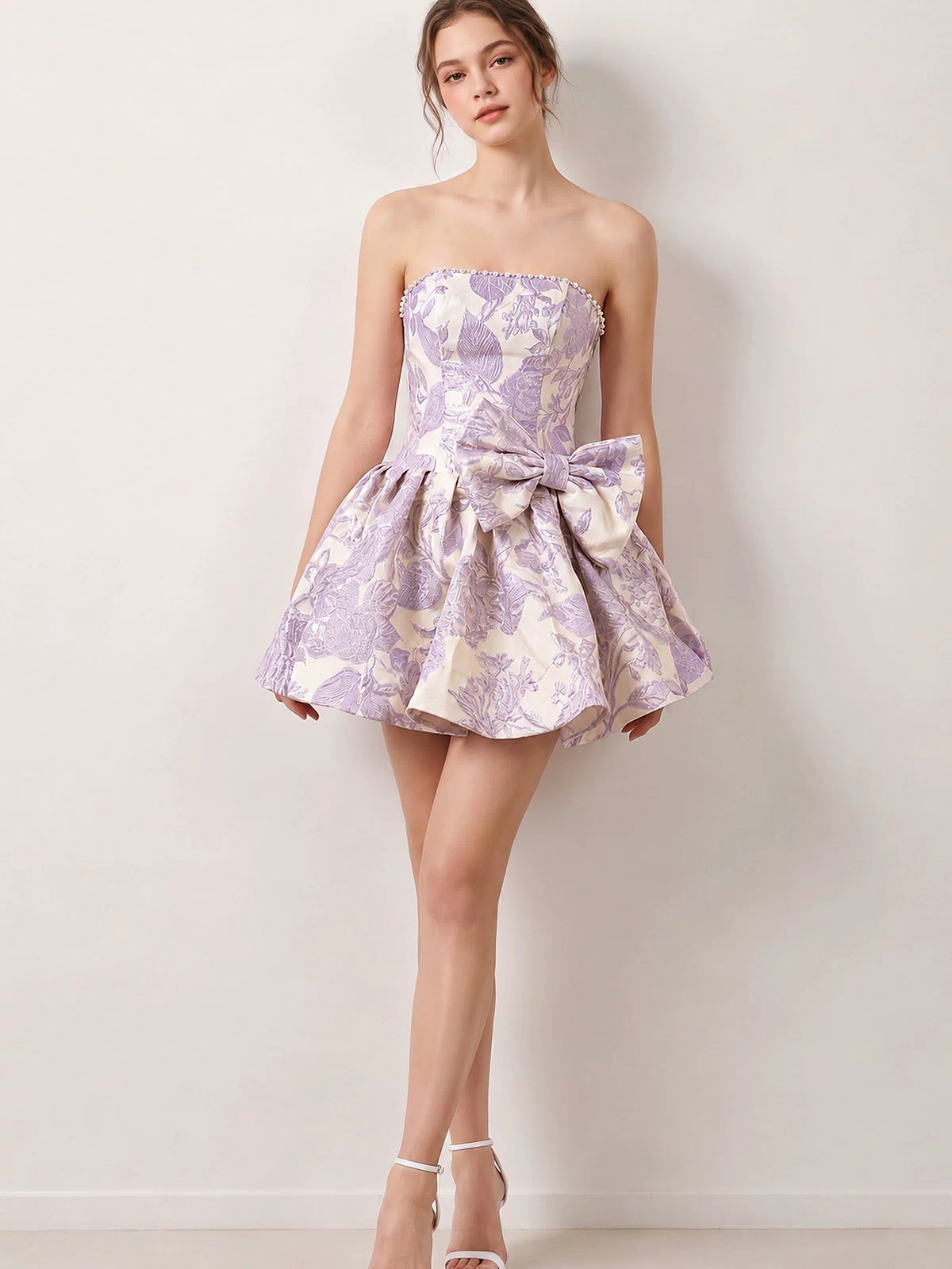 Lilac Flower Jacquard Strapless A-Line Bowknot Homecoming Dress With Pearl (3) | KISSPROM
