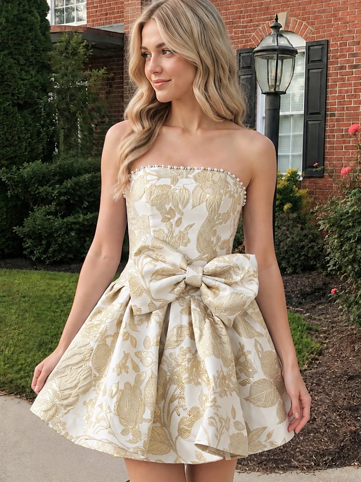 Yellow Flower Jacquard Strapless A-Line Bowknot Homecoming Dress With Pearl (3) | KISSPROM