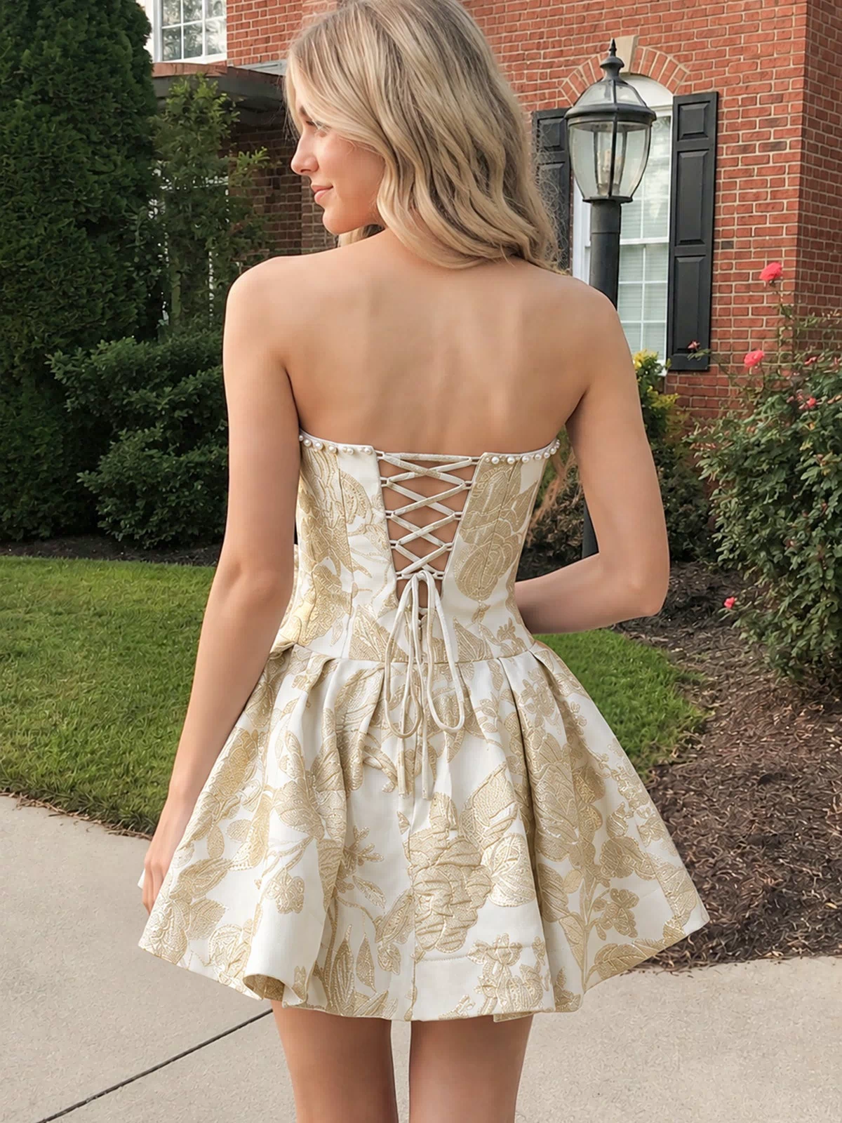 Yellow Flower Jacquard Strapless A-Line Bowknot Homecoming Dress With Pearl (3) | KISSPROM