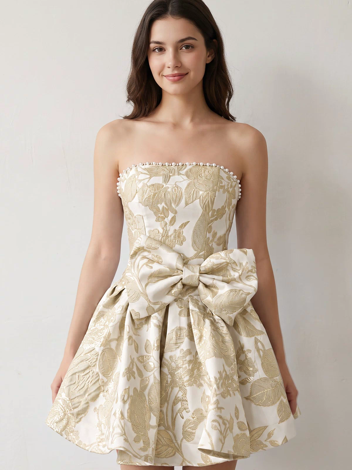 Yellow Flower Jacquard Strapless A-Line Bowknot Homecoming Dress With Pearl (3) | KISSPROM