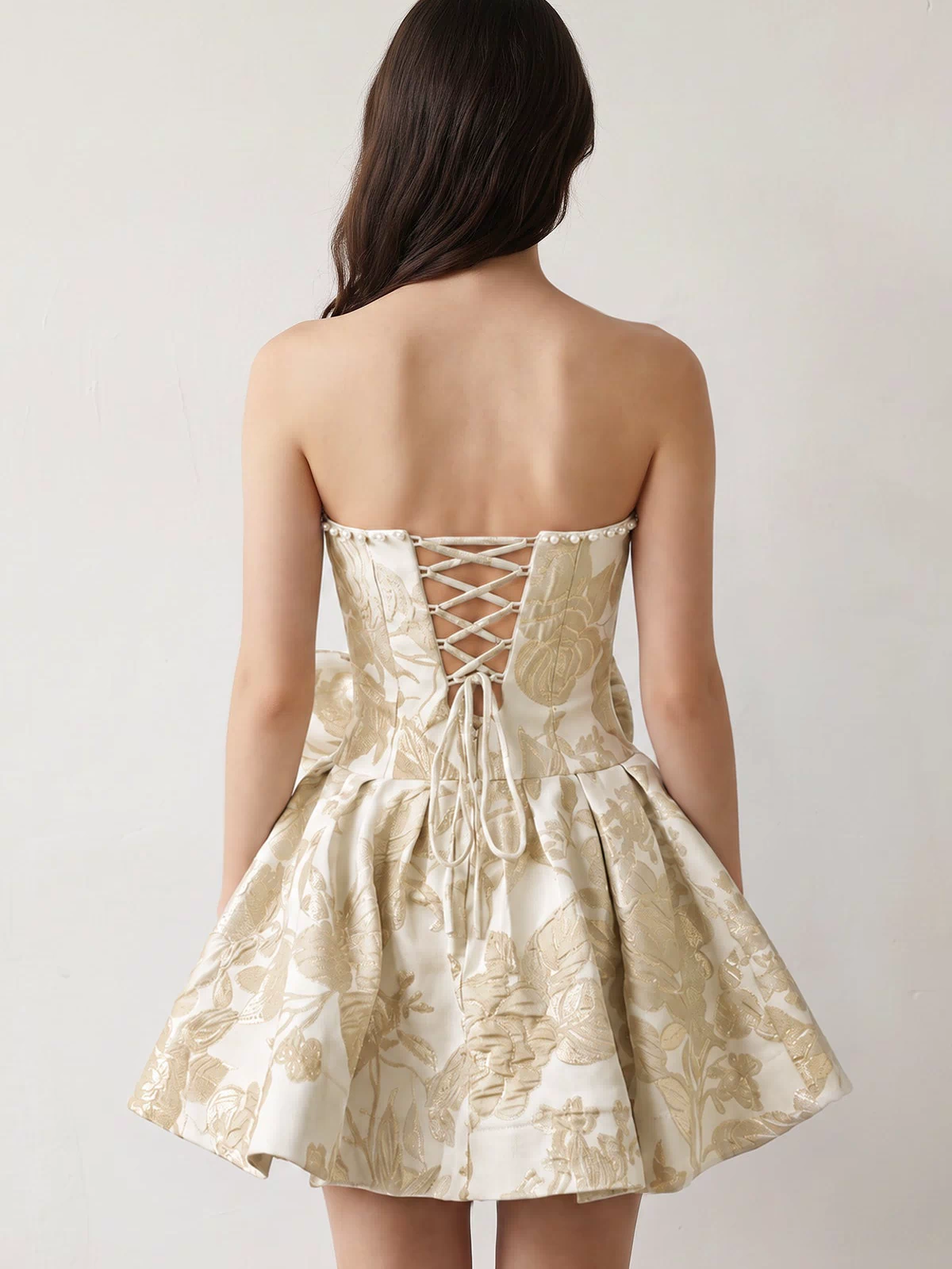 Yellow Flower Jacquard Strapless A-Line Bowknot Homecoming Dress With Pearl (3) | KISSPROM