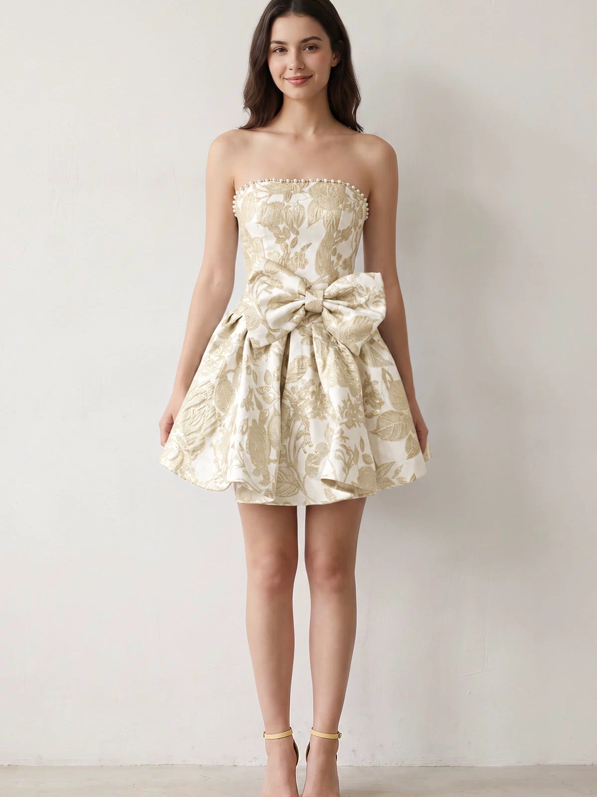 Yellow Flower Jacquard Strapless A-Line Bowknot Homecoming Dress With Pearl (3) | KISSPROM
